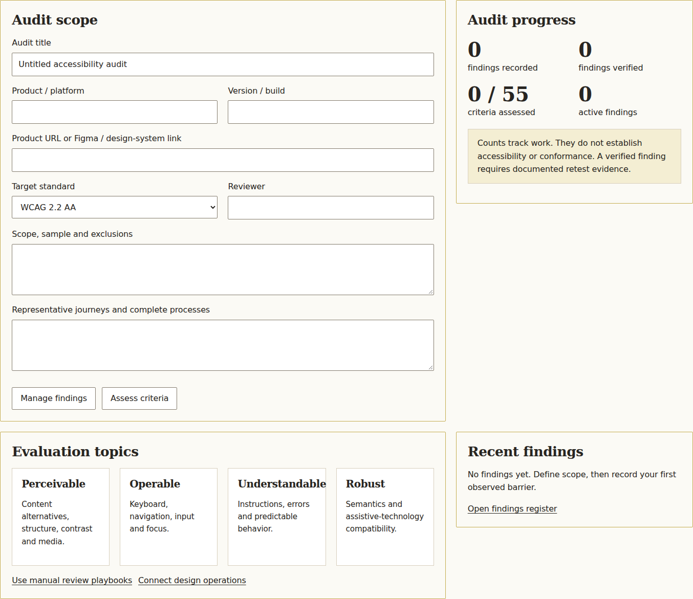 Accessibility workbench showing audit scope and progress fields